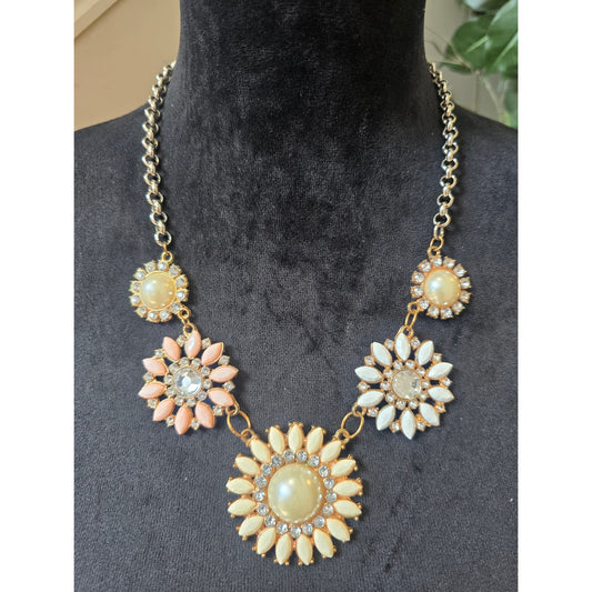 Gold Tone Peach Ivory Floral Rhinestone Statement Necklace