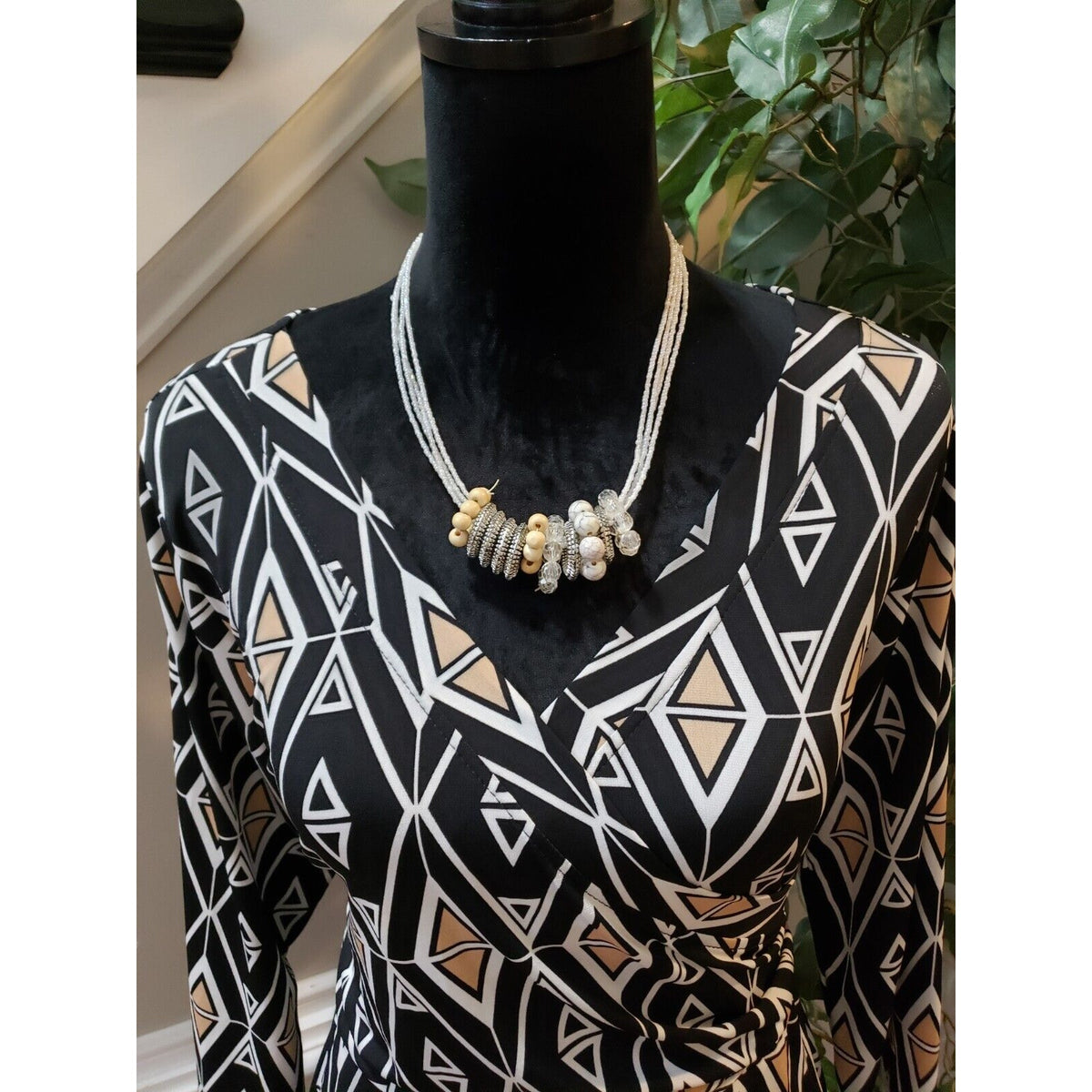 East Adeline Womens Black White Polyester V-Neck 3/4 Sleeve Knee Length Dress 1X