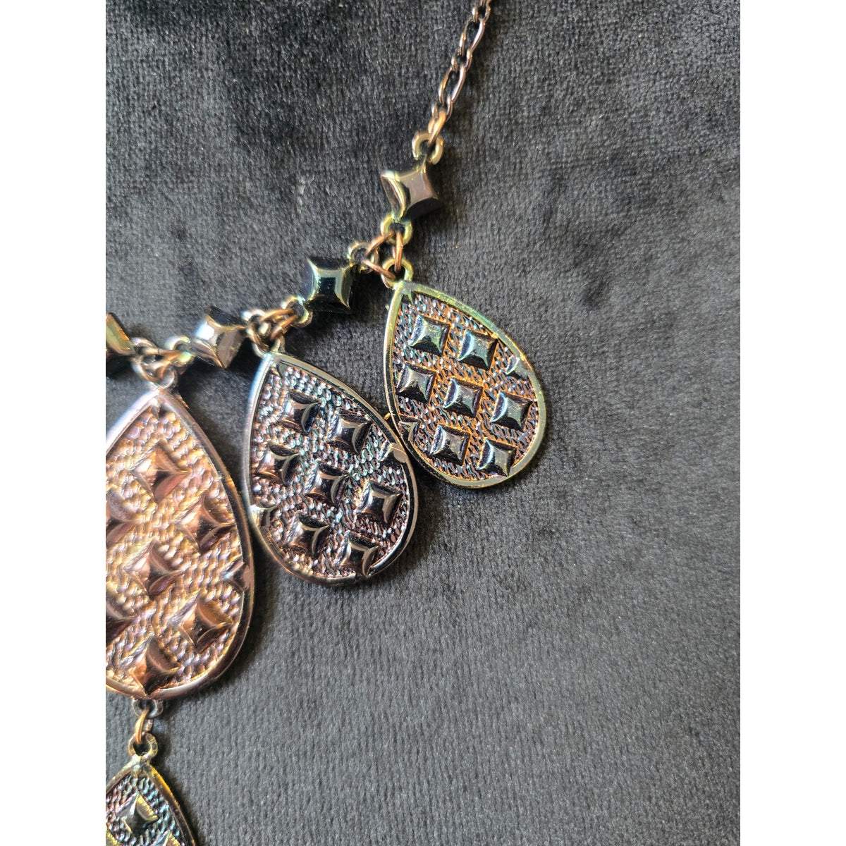 Antique Gold Tone Multicolor Teardrop Filigree Statement Necklace
