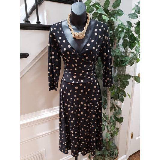 Studio Women's Black Polka Dot Polyester Long Sleeve V Neck Wrap Dress Size 6
