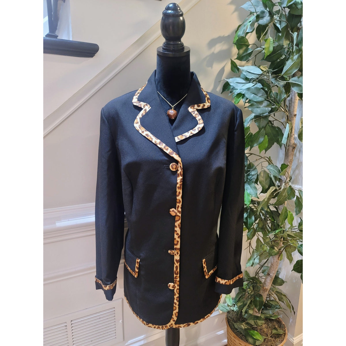 Allison Wood Longline Blazer Women's SZ 20W Black Leopard Print Faux Pocket
