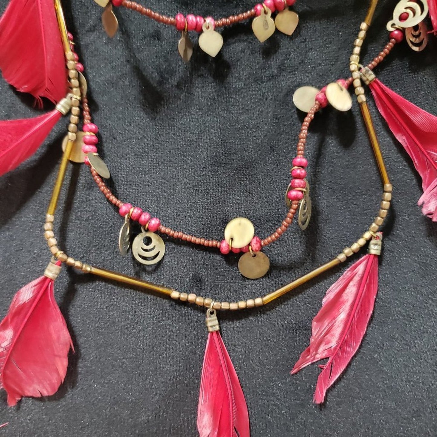 Womens Fashion Feather Beaded Three Strands Statement Charm Necklace w/ Lobster