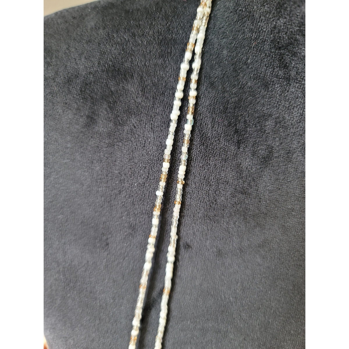 Women's Beaded Necklace With White And Gold Seed Beads And Circle Pendant