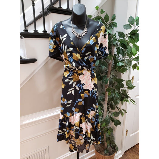 SHELN CURVE Women Black Floral Polyester V-Neck Short Sleeve Long Maxi Dress 2XL