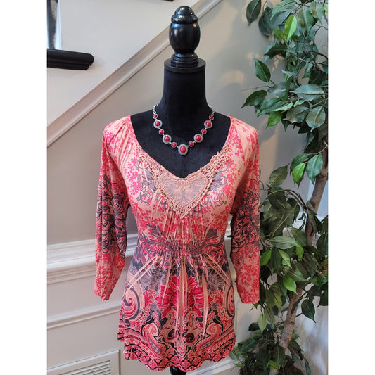 One World Blouse L Multi Paisley Stretch Lace Heart V-Neck Raglan Sleeve Party