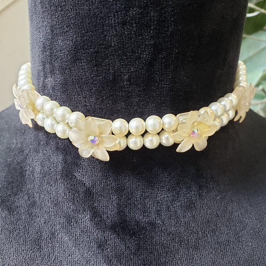 Women's 2 Strand Ivory Pearl Beads Accessories Flower Necklace with Toggle Clasp