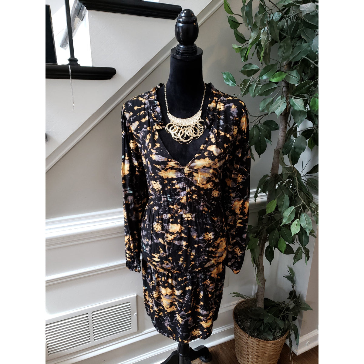 Women's True Craft Black Tie Dye Long Sleeve Dress Size 1X Rayon Fall Style