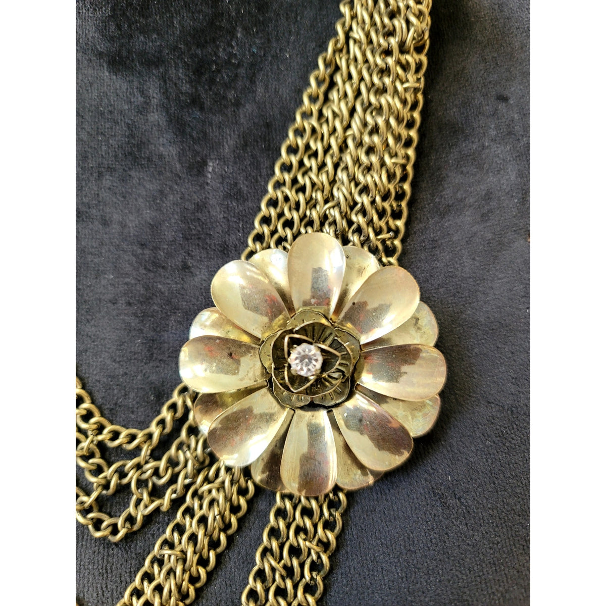 Gold Tone Multi-Chain Floral Statement Necklace Crystal Charm Layered Bib