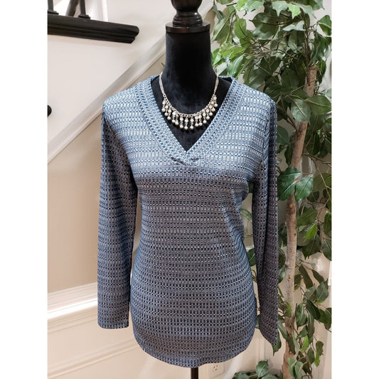 LOFT Women's Blue Print Knit Viscose V Neck Long Sleeve Pullover Top Blouse M