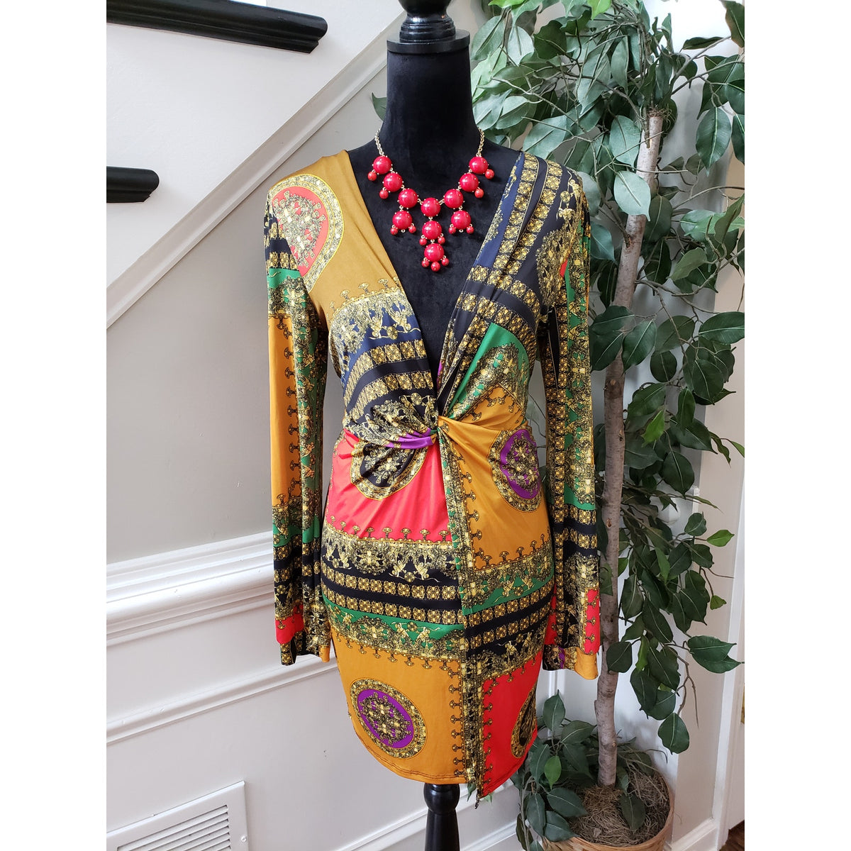 Fashion Nova Fit & Flare Dress Womens Large Multi Geometric Stretch Long Sleeve