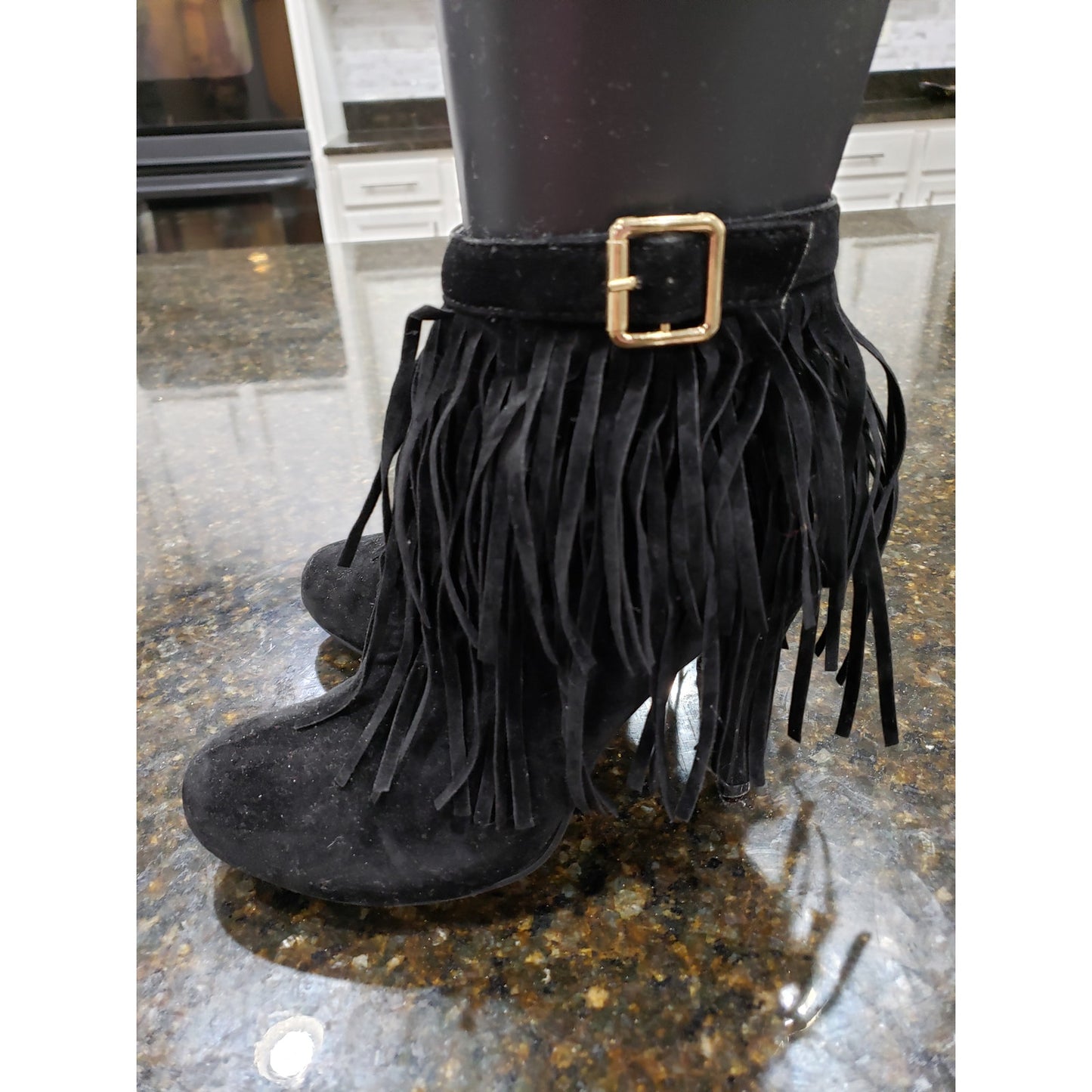Forever Fringe Booties Women's 7.5 Black Suede Round Toe Stiletto Heel Side Zip