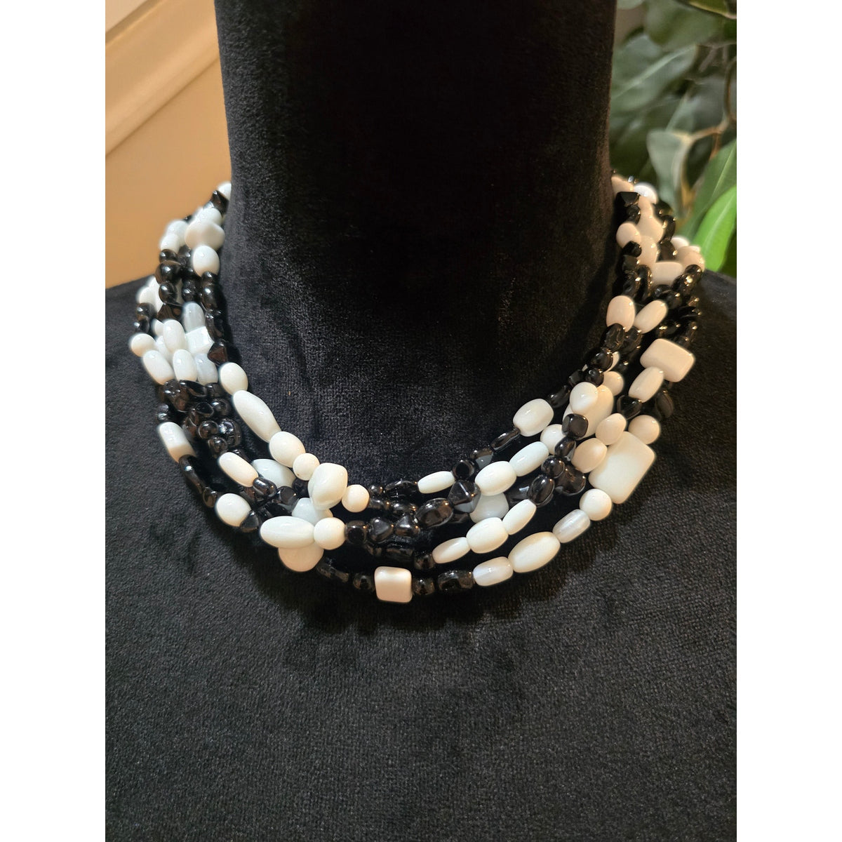 Women's Black White Beaded Multi Strand Necklace Chunky Statement Toggle Clasp