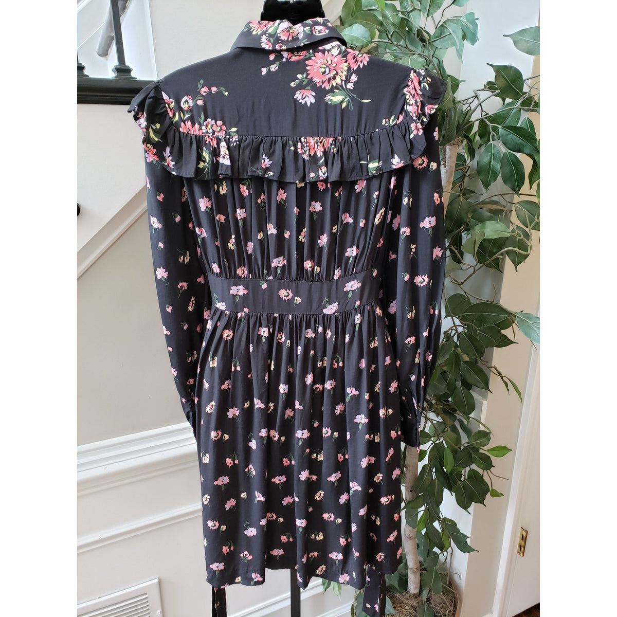 Jill Stuart Shirt Dress Women XS Black Floral Ruffle Pleated Collar Button Front