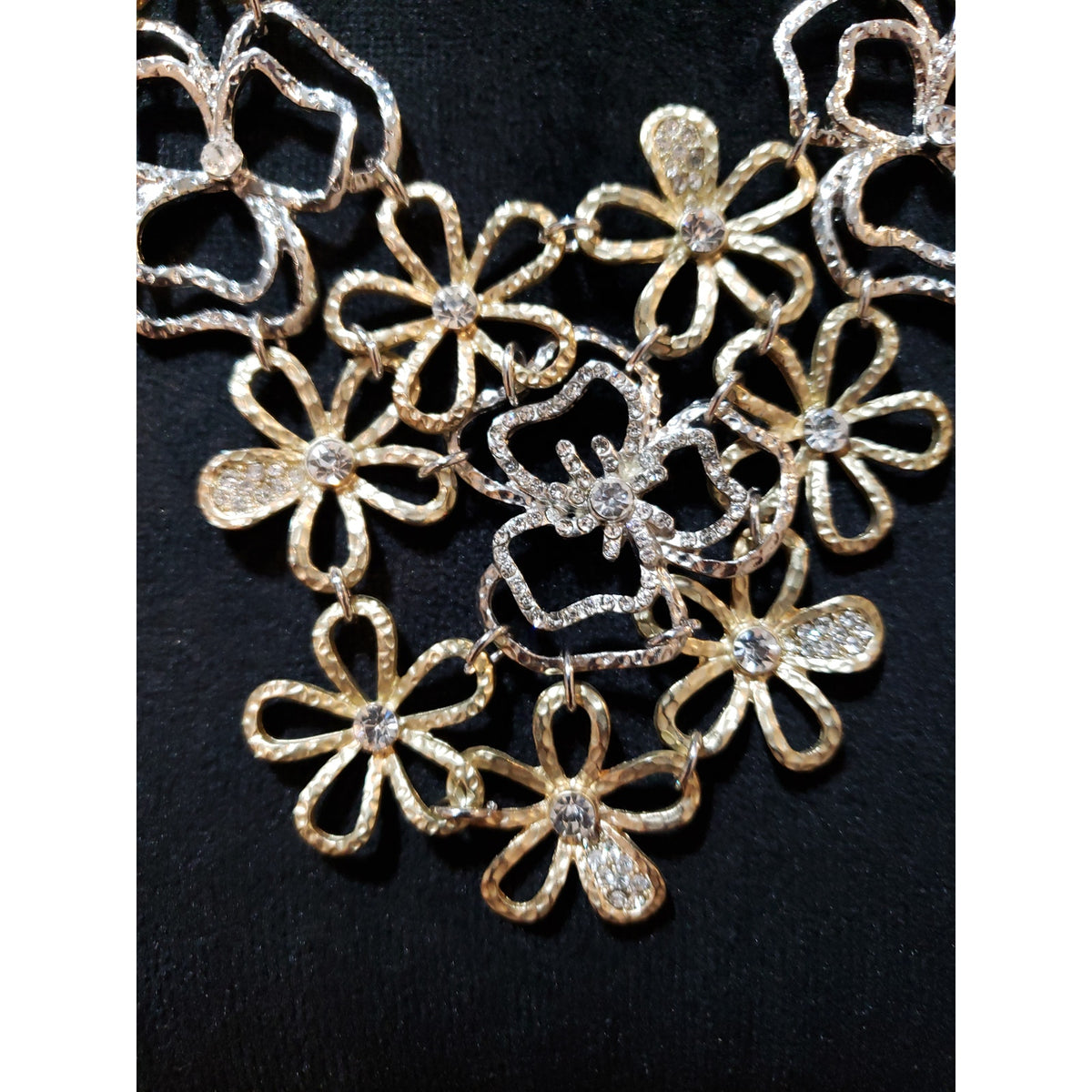 Womens Two Tone Encrusted Crystal Hollow Out Metal Flowers Statement Necklace