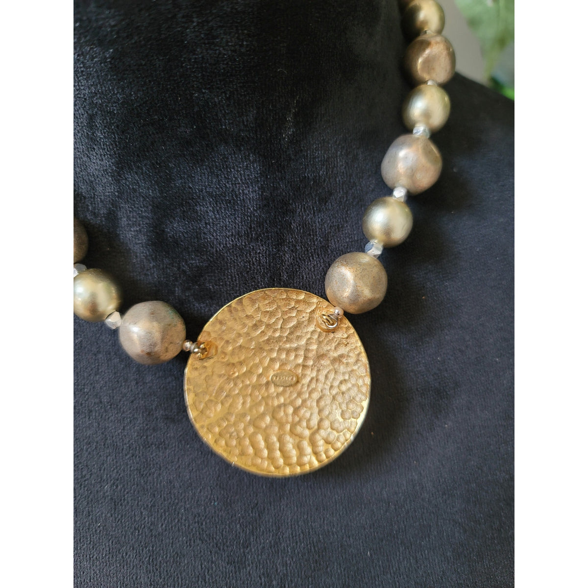 Women's Hammered Metal Pendant Beaded Statement Necklace with Lobster Clasp