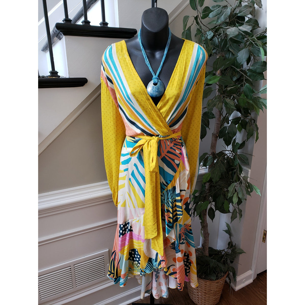 Anthropologie Dress Women Petite XL Multicolor Wrap V Neck Long Sleeve Boho