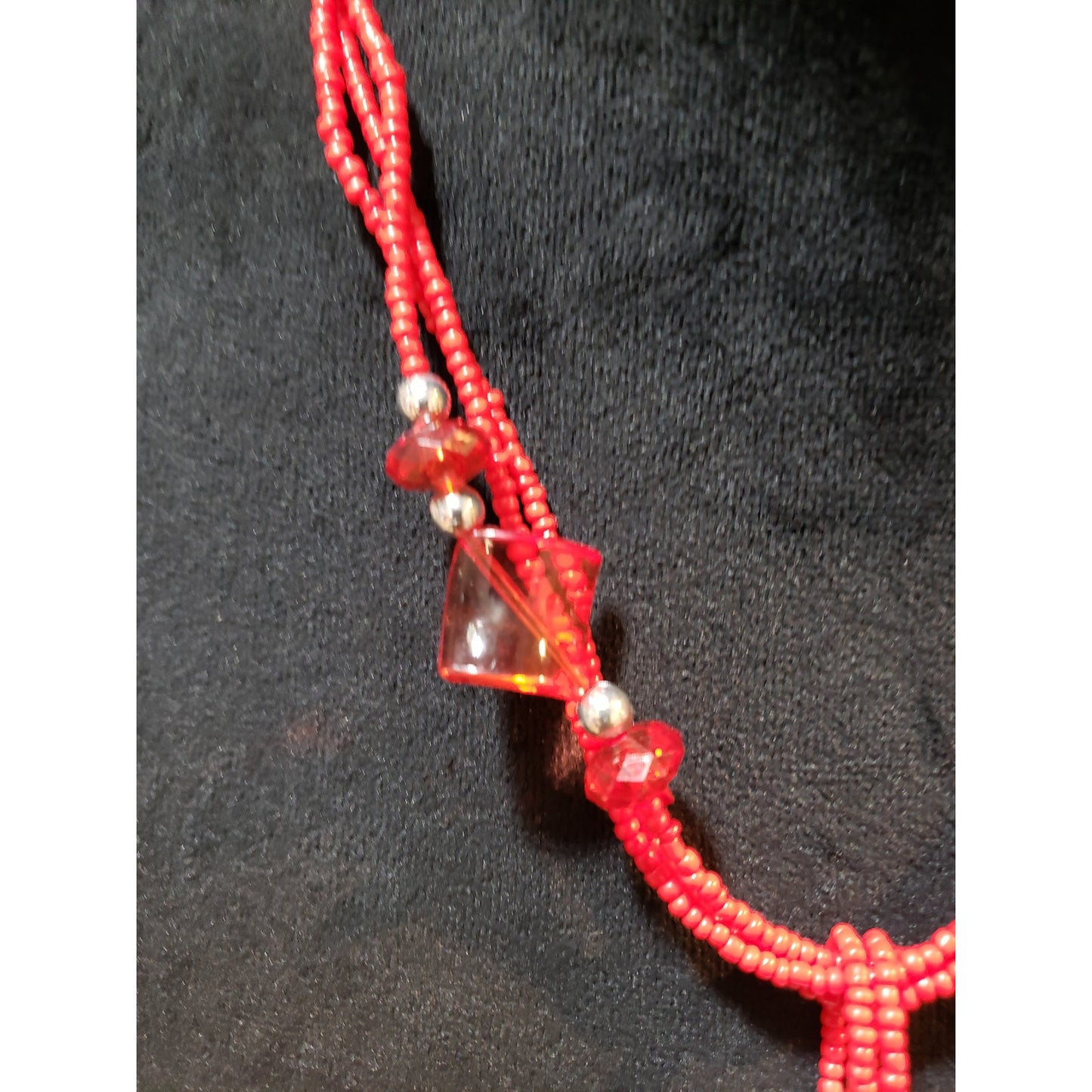 Women 3 Strand Red Seed Beads White Acrylic Teardrop Pendant Necklace w/ Lobster