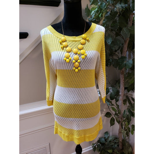 Joseph A. Women's Yellow White Striped Knit Round Neck Long Sleeve Sweater XL