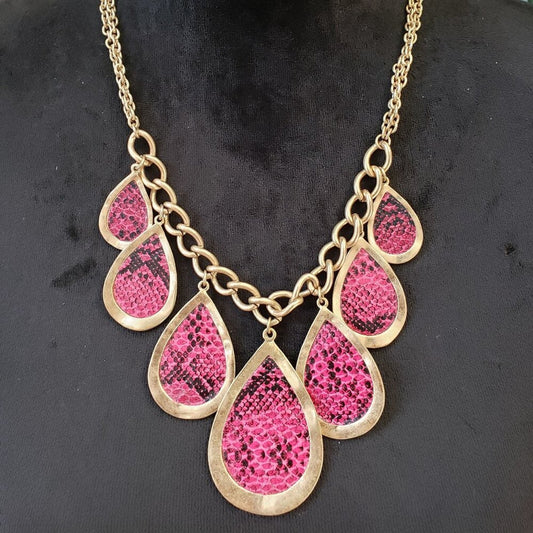 Womens Fashion Gold Plated Pink Resin Tear Drop Bold Chain Necklace w/ Lobster