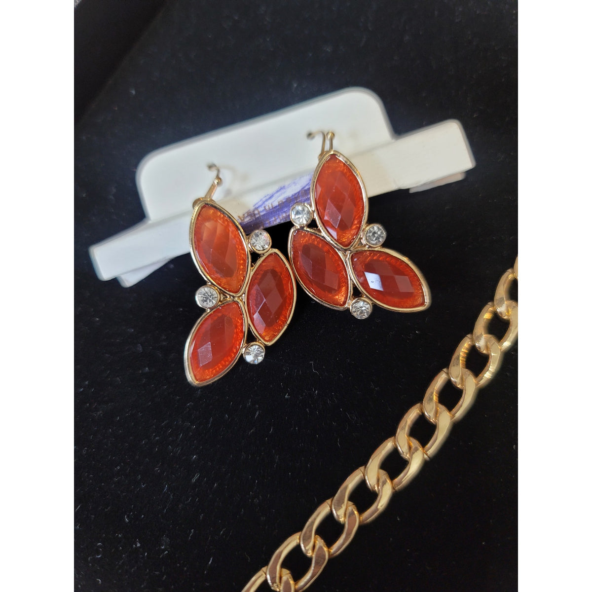 Women's Statement Necklace And Earrings Set Red And Orange Gemstones Jewelry