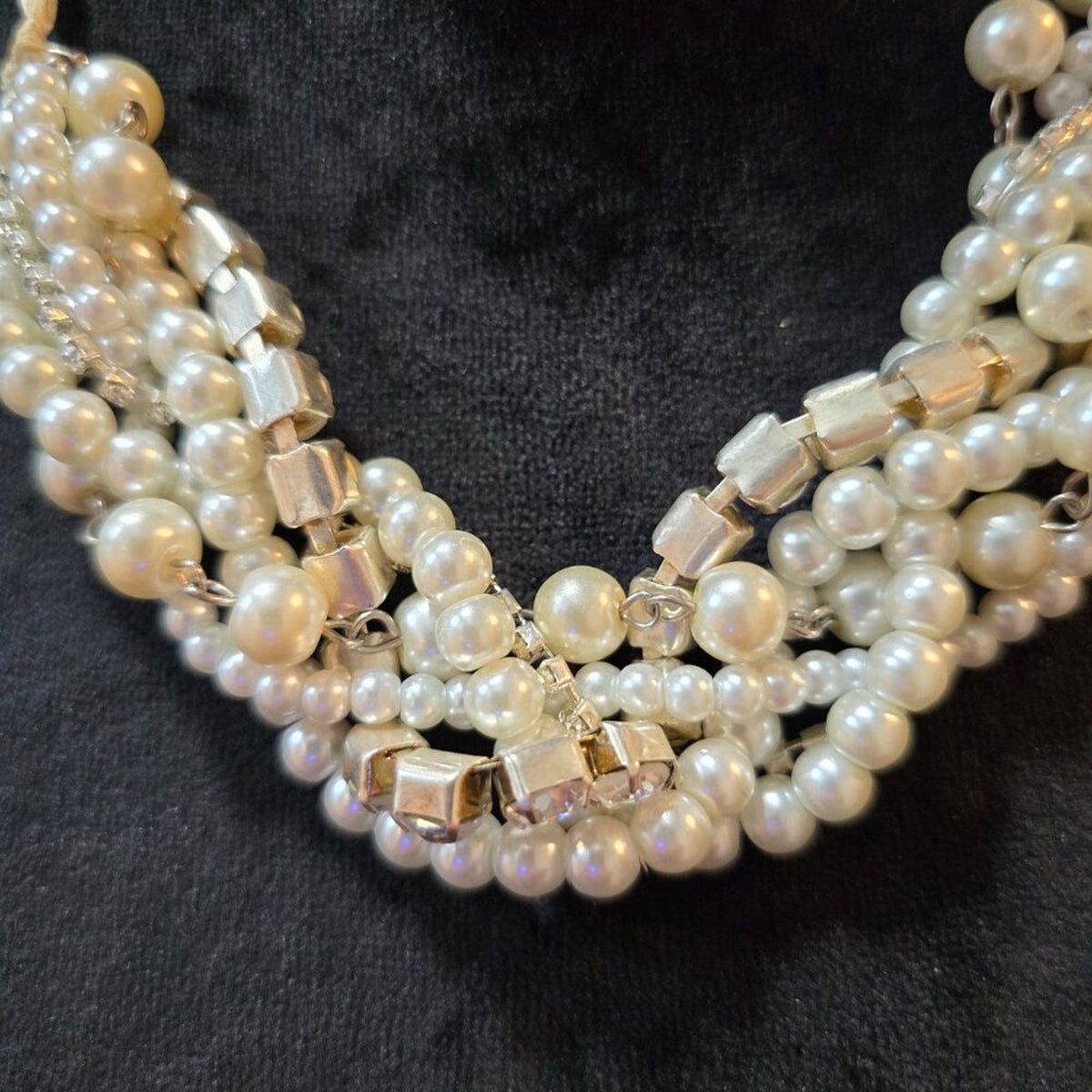 Womens Fashion White Layer Pearls Rhinestone Chunky Statement Necklace