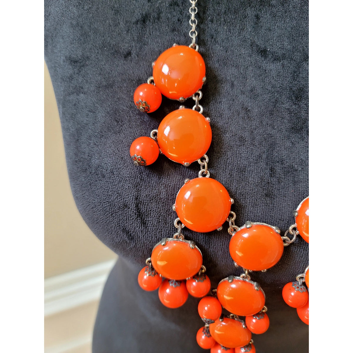 Orange Bubble Bead Statement Necklace Chunky Bib Gold Tone Fashion Jewelry