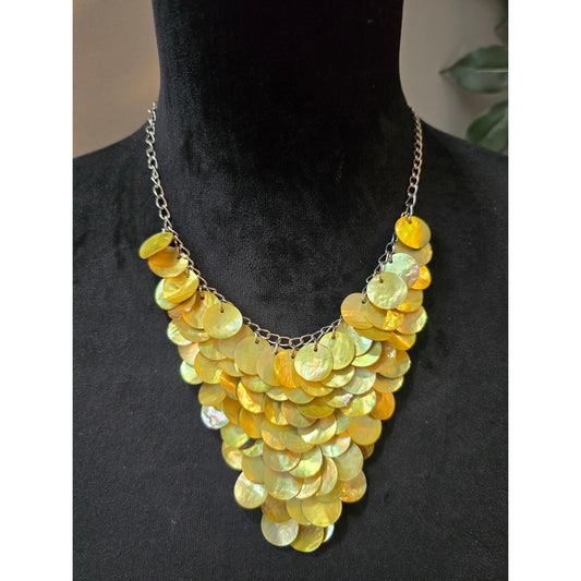 Women's Yellow Shell Disc Bib Necklace with Lobster Clasp Statement Jewelry