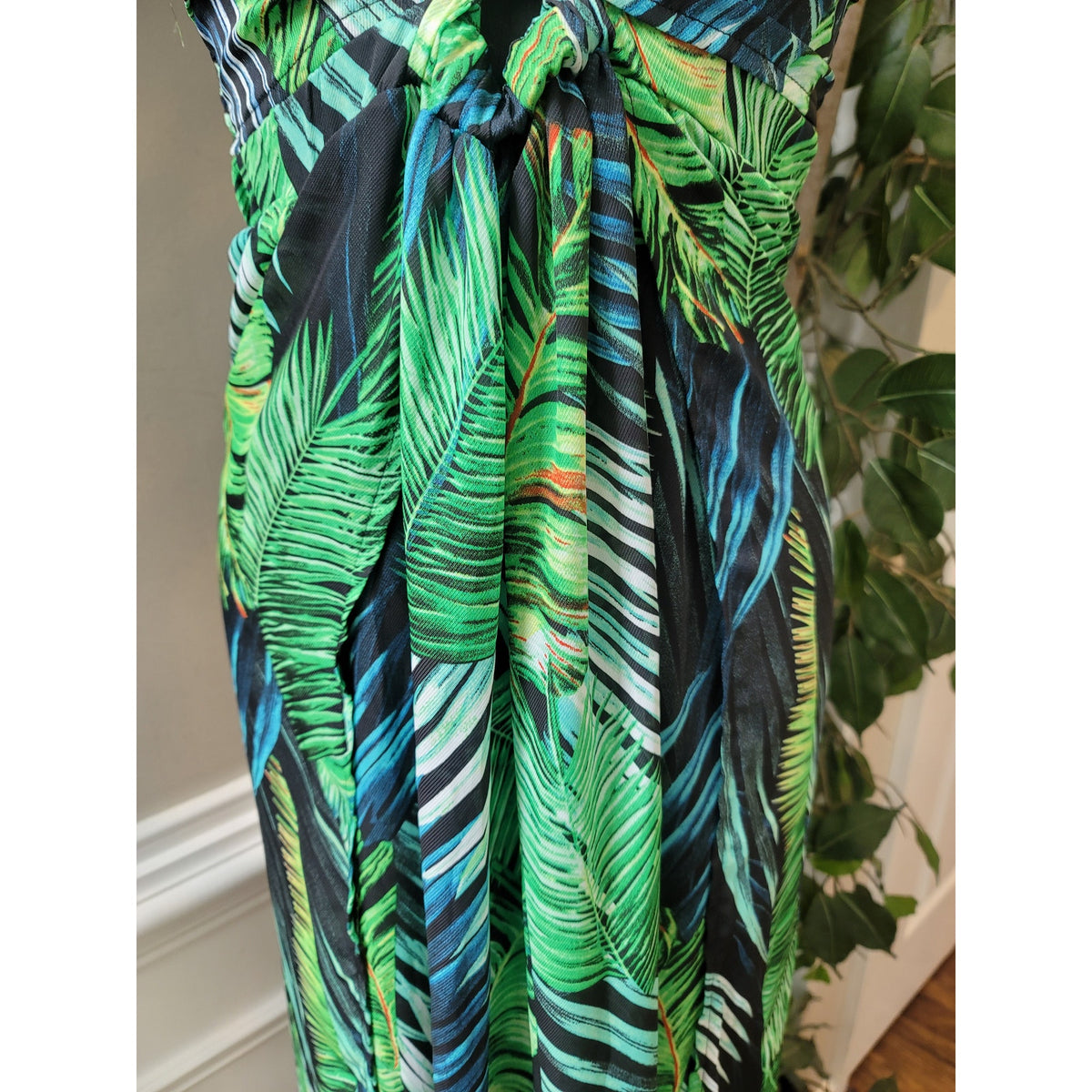 Shein Maxi Dress Women Small Green Black Tropical Halter Boho Summer Beachwear