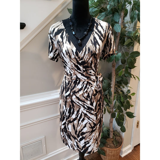 Connected Apparel Wrap Dress Women 6 Multi Animal Print Stretch Tie Waist V Neck