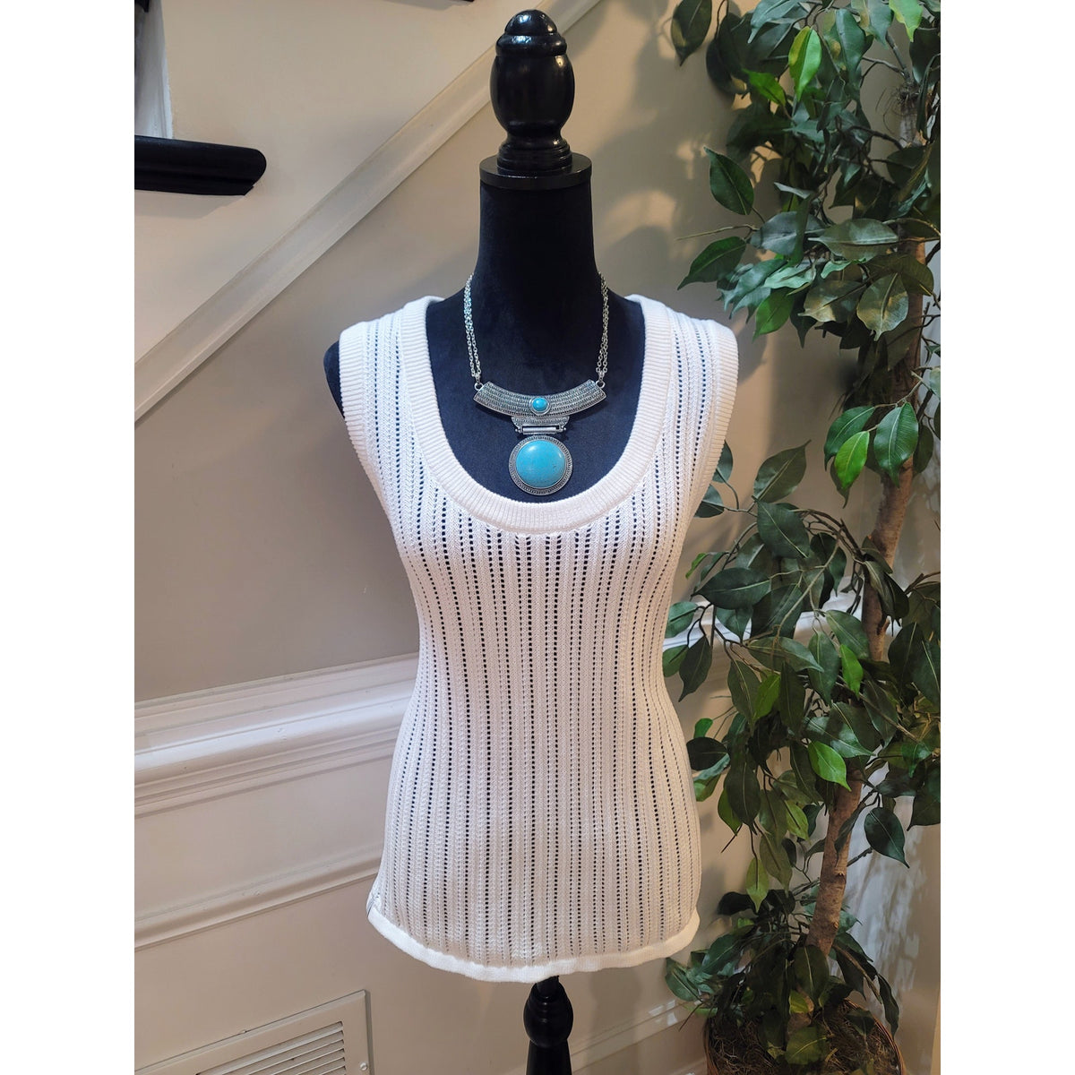 The Upside Stitch Sweater Women Medium White Open Knit Ribbed Armhole Sleeveless