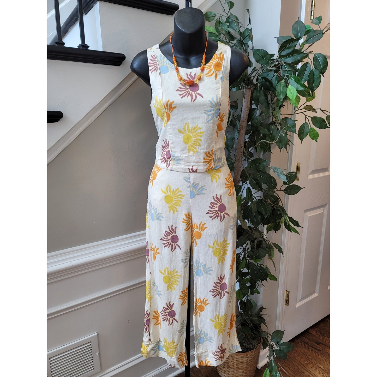 Zara Jumpsuit Girls Size 13/14 Multicolor Sun Print Linen Blend Cropped