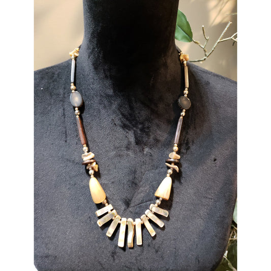 Women's Shell Horn Wood Beaded Necklace Spring Ring Clasp Tribal Boho Style