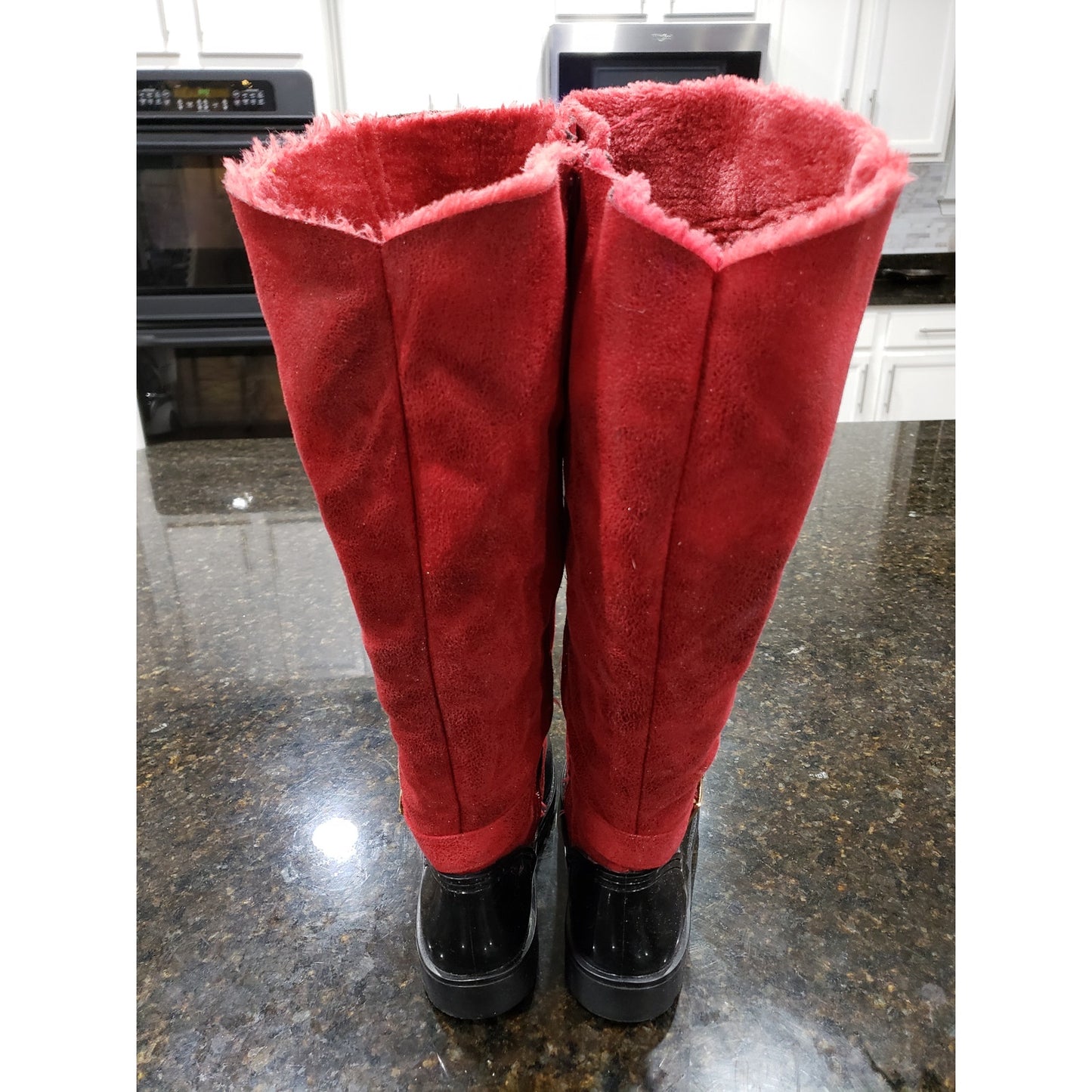 Womens Boots Size 8 Black & Red Patent Leather Comfort Buckle Round Toe Side Zip