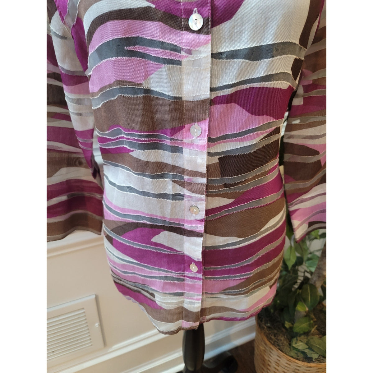 Alfred Dunner Shirt 10 Multi Denim Abstract Band Collar 3/4 Sleeve Button-Up