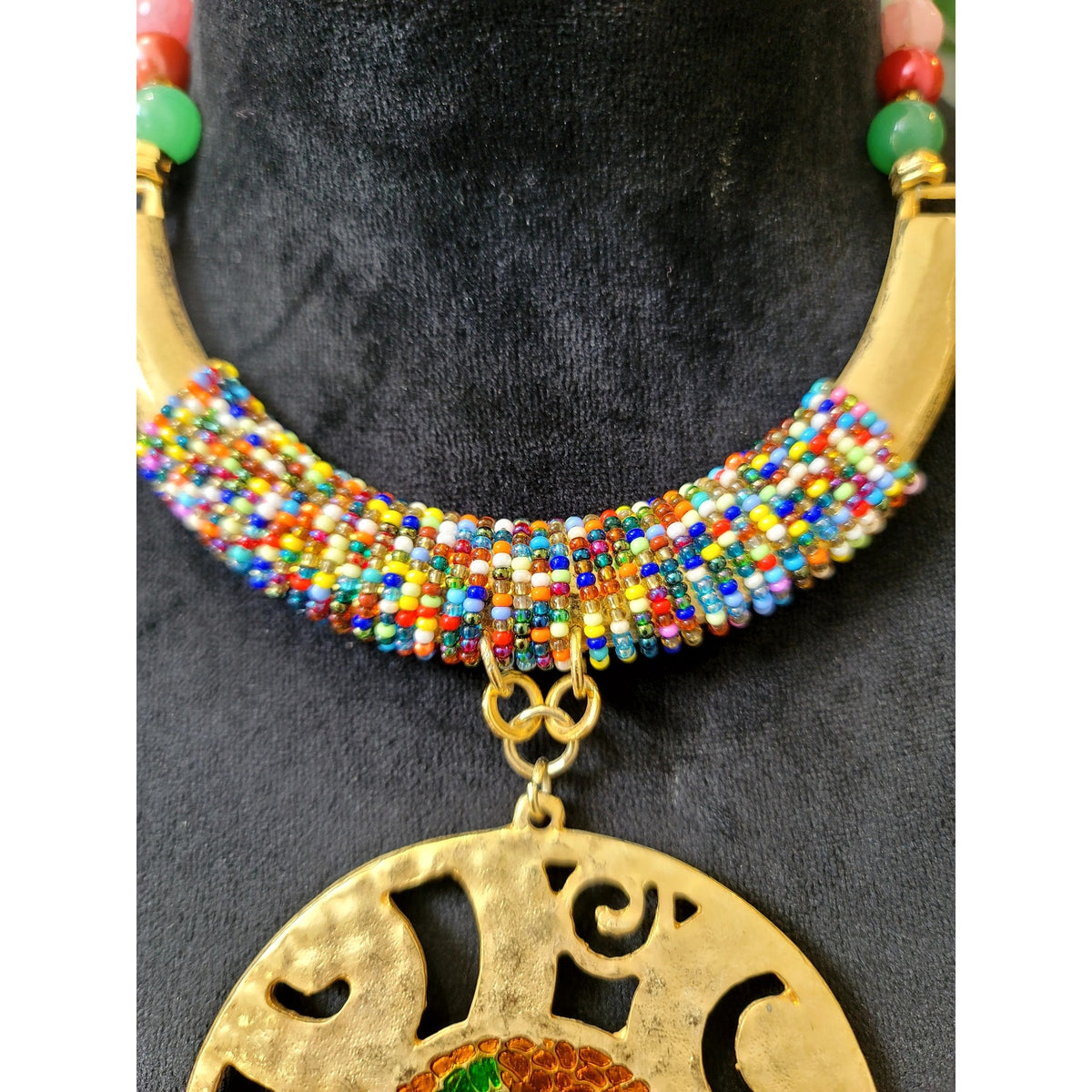 Multicolor Beaded Gold Tone Medallion Pendant Statement Necklace Boho