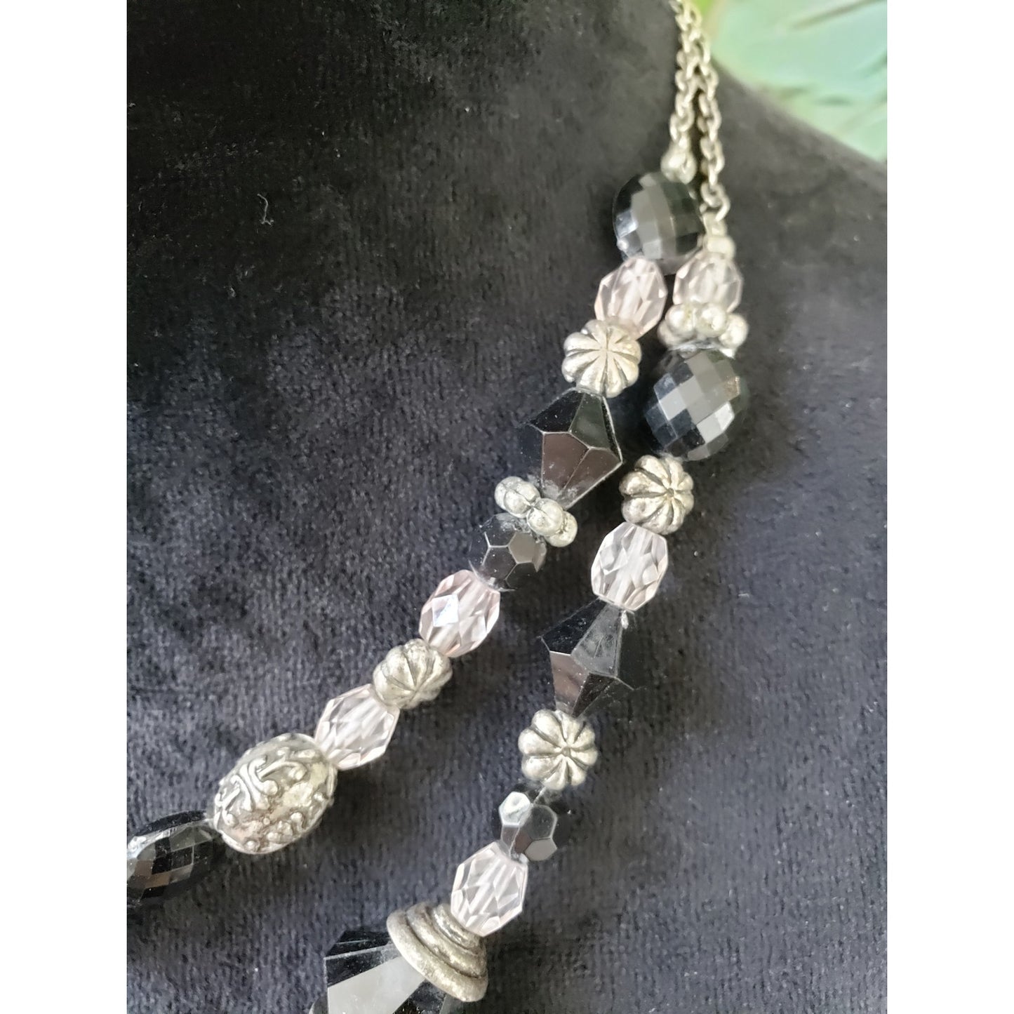 Womens Double Row Faceted Black, Clear, Metallic Silver Crystal Beaded Necklace