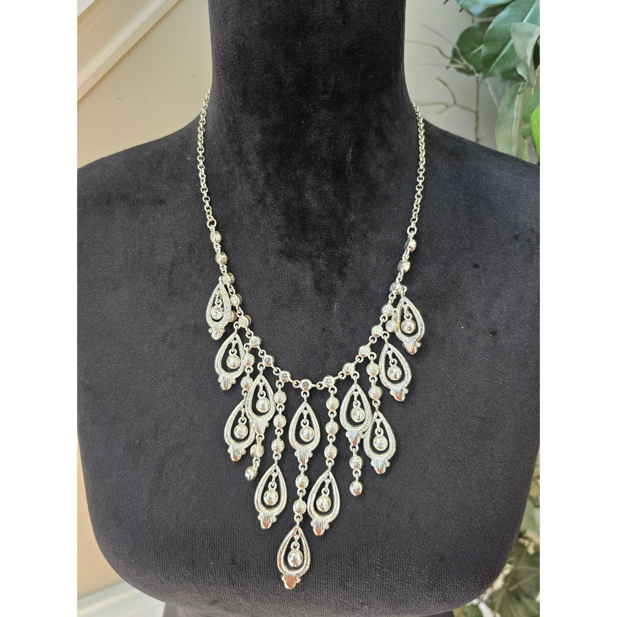 Silver Tone Rhinestone Crystal Teardrop Chandelier Bib Statement Necklace