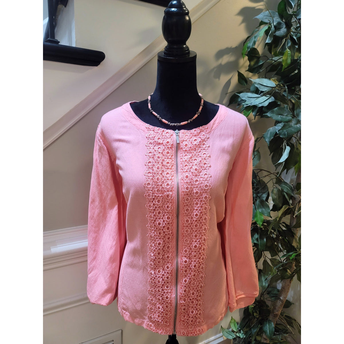 Ruby Rd. Blouse Jacket Women's SZ 18W Pink Crochet Lace Front Zipper Long Sleeve