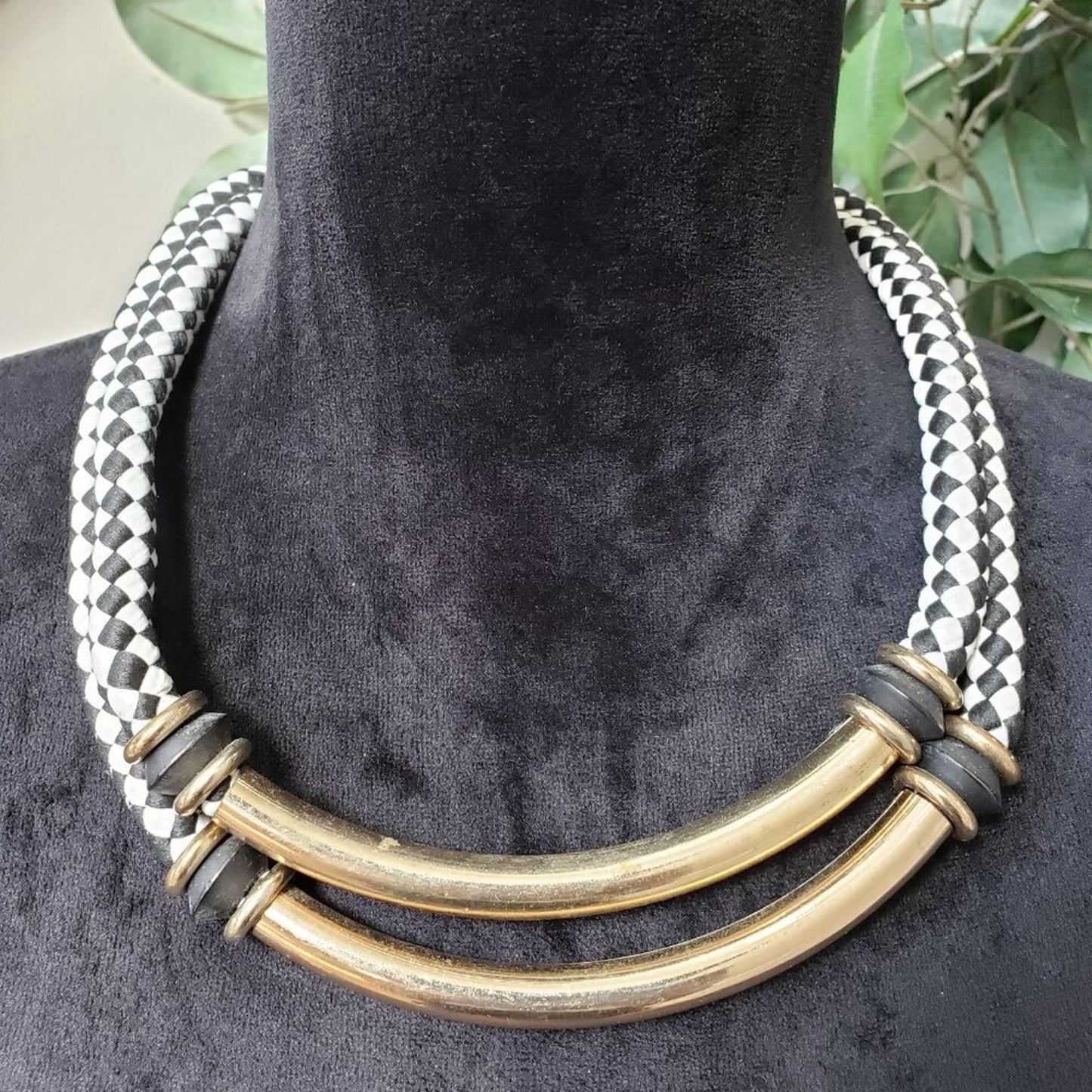 Womens White Black Leather Brass Two Layered Choker Necklace with Lobster Clasp