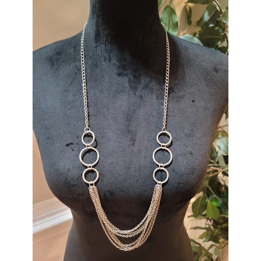 Silver & Gold Multi Layer Chain Necklace With Textured Rings And Lobster Clasp Lock