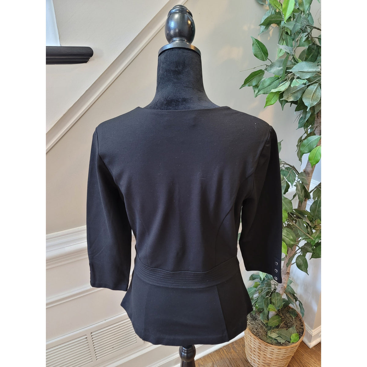 White House Black Market Peplum Top S Black Stretch Square 3/4 Sleeve Pullover