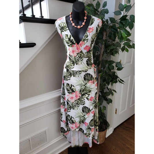 Women's White Floral Polyester Casual V-Neck Sleeveless Long Maxi Dress Size 2X