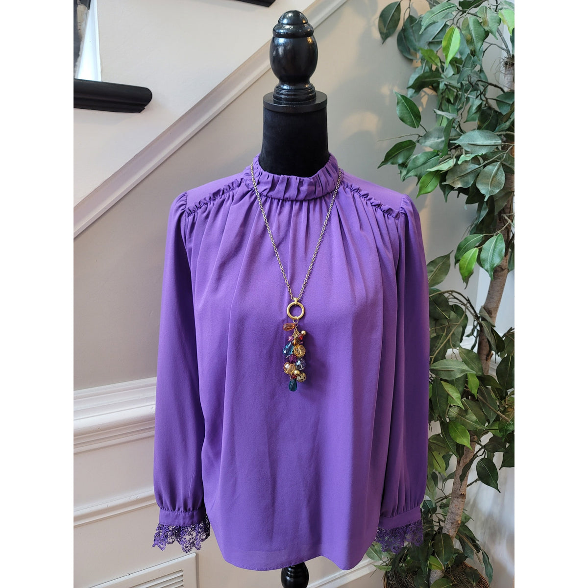 Fab'rik Blouse Small Purple Intricate Lace Trim Ruffle Mock Neck Casual Party