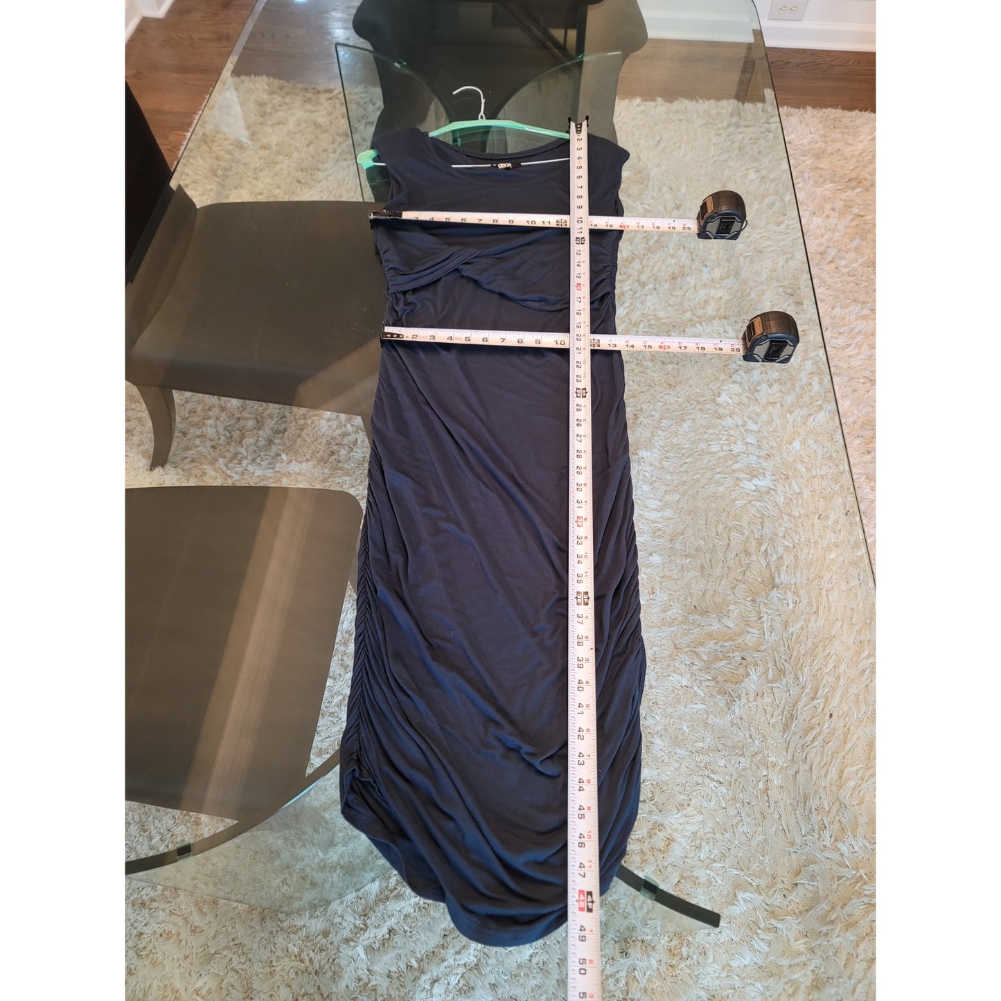 ASOS Midi Dress Womens Size 12 Navy Blue Ruched Waist Stretch Bodycon Elegant