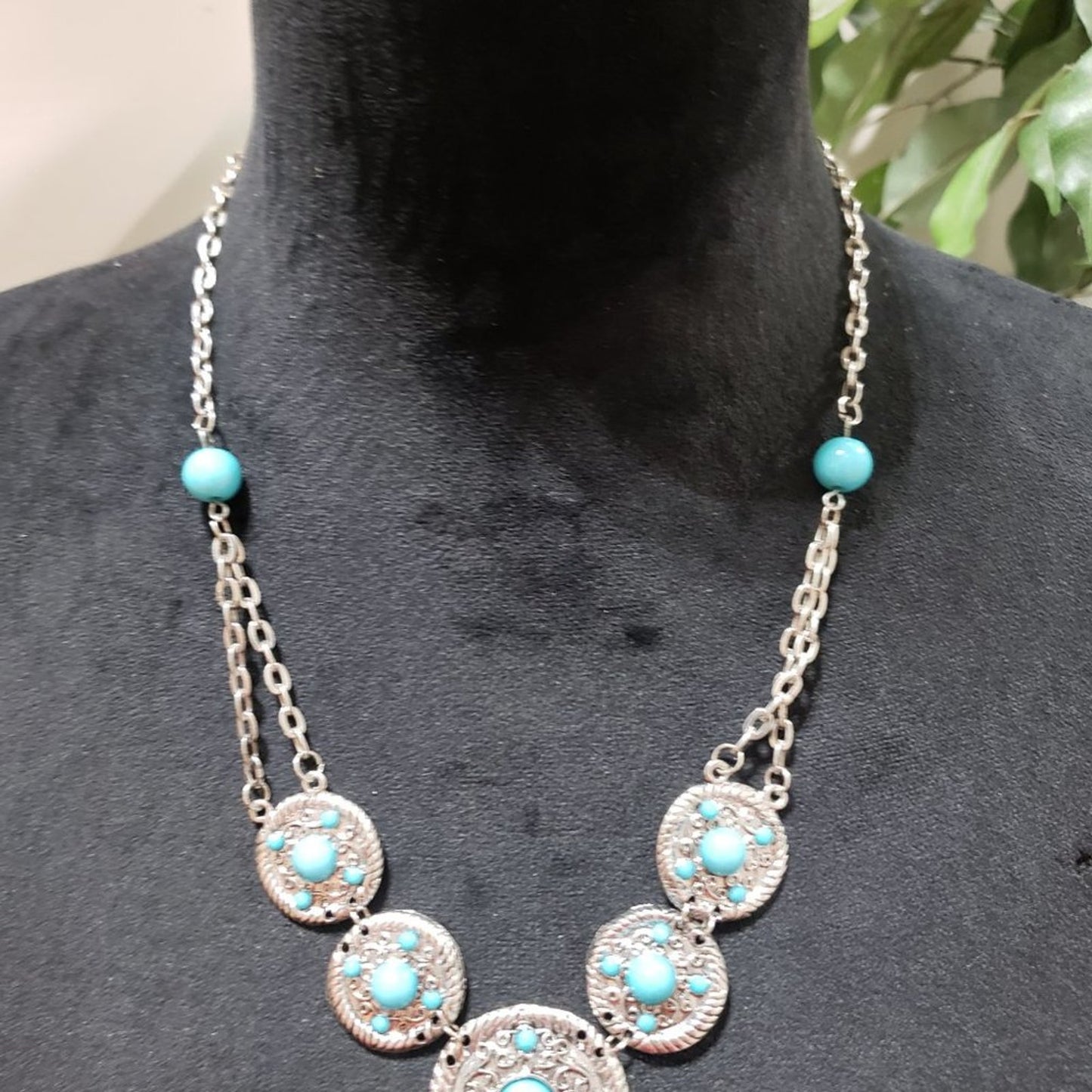 Womens Boho Style Faux Turquoise Stone Marcasite Medallions Statement Necklace