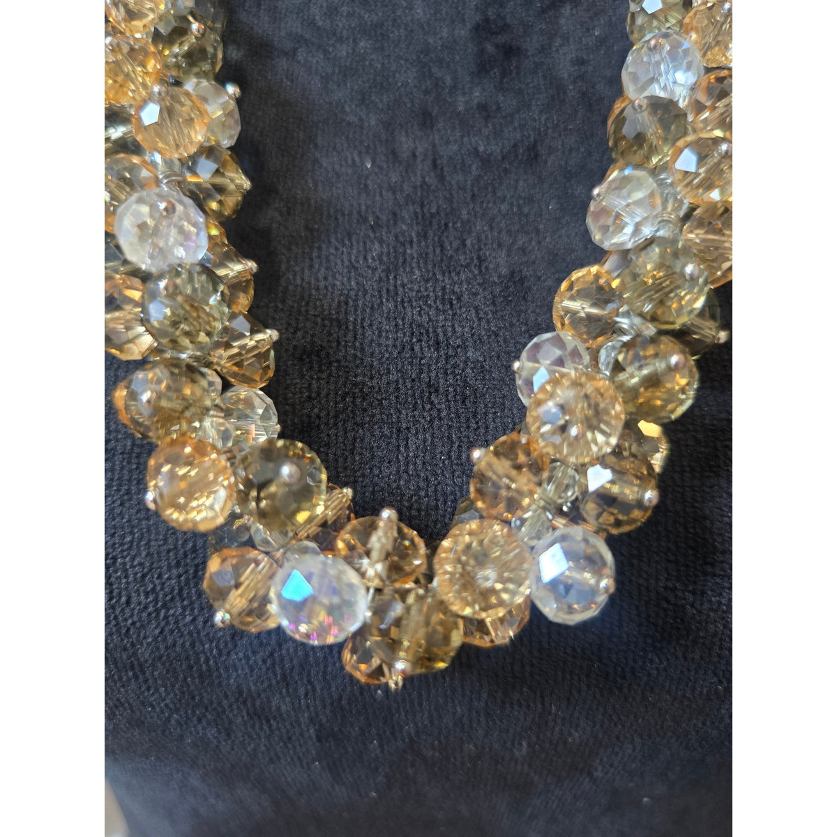 Gold Tone Crystal Beaded Ribbon Statement Necklace