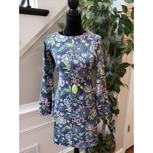Womens Blue Floral Polyester Round Neck Long Sleeve Knee Length Dress Size Small