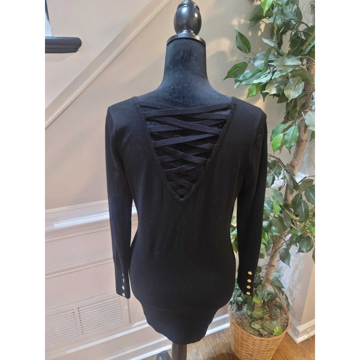 Cache Pullover Sweater Women's Large Black Strappy Back Scoop Neck Long Sleeve