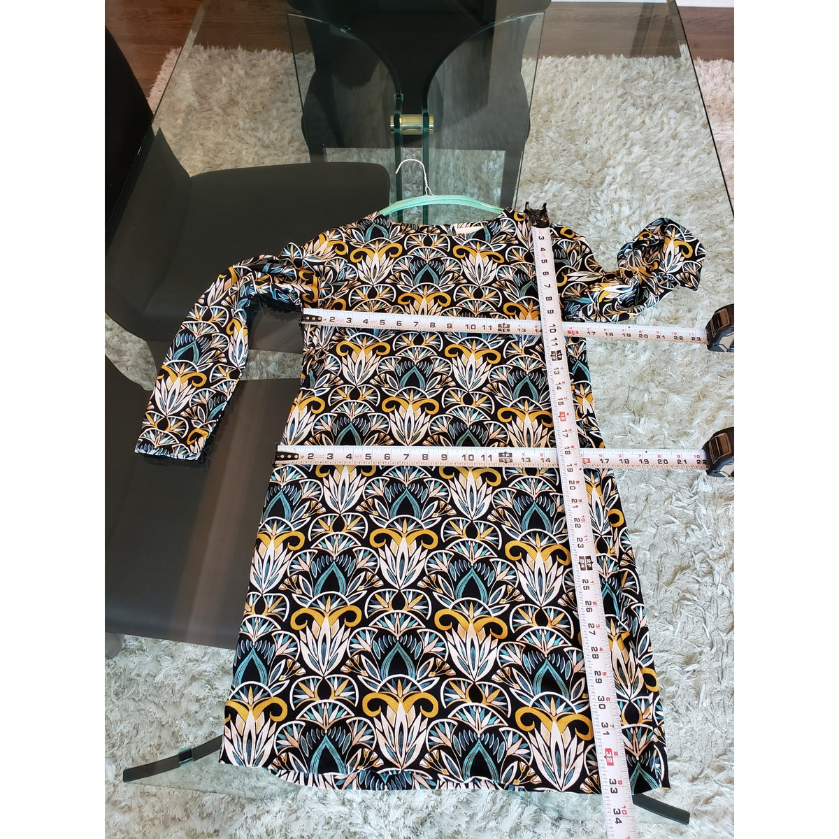 H&M Shift Dress Women Size 2 Multi Diamond Floral Viscose Long Sleeve Round Neck