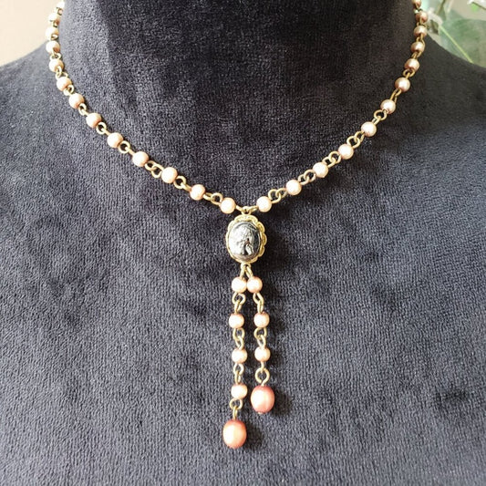 Women's Fashion MARISA Gold Tone Pink Beaded Y Shape Necklace with Pearl Clasp